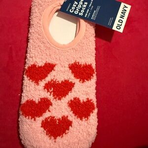Old Navy Pink Fuzzy Socks with Red Heart Design